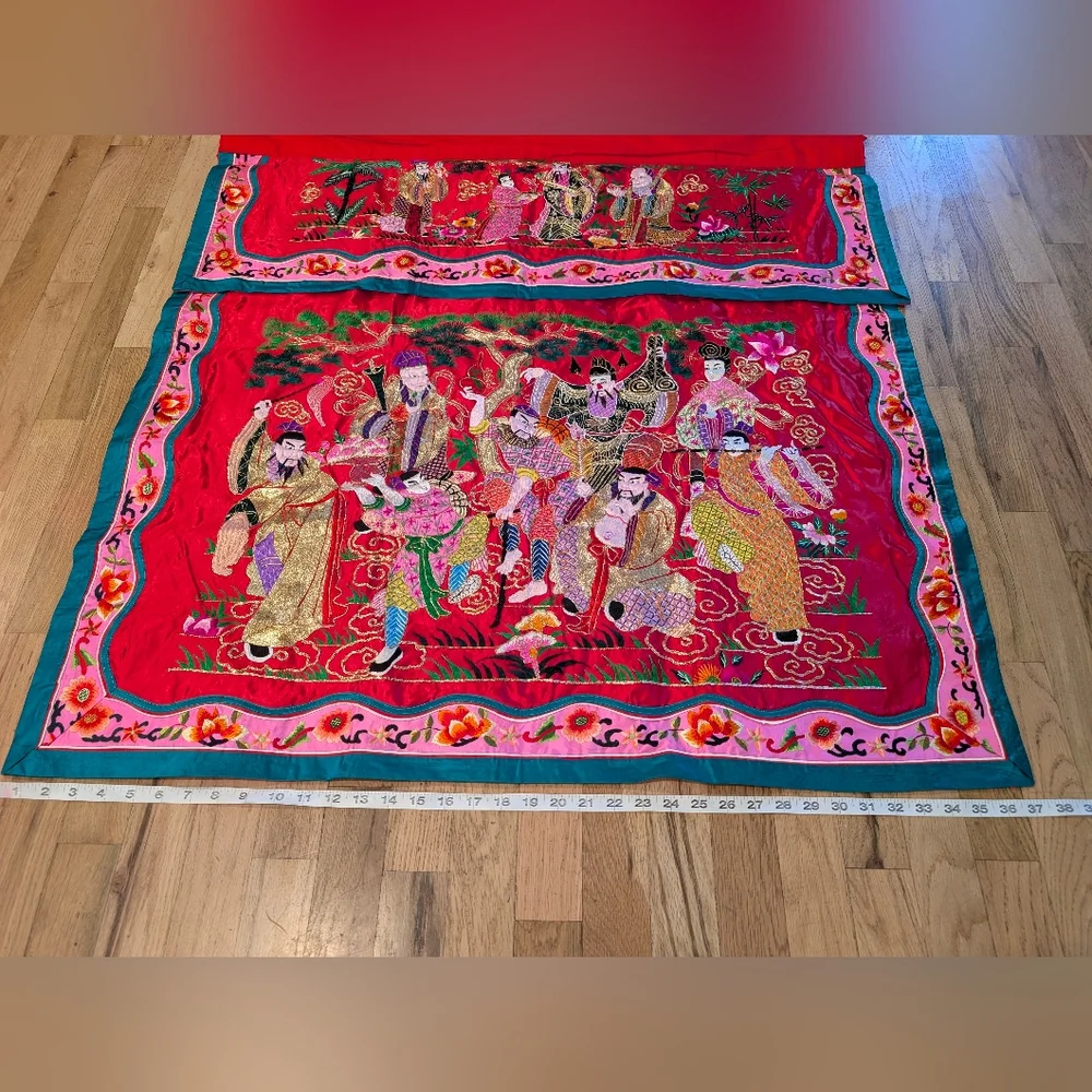 Antique Vintage Chinese Silk Altar Banner Eight Immortals Gold Silver Threads